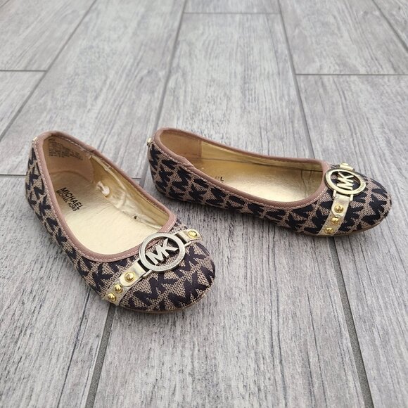 MICHAEL Michael Kors “Mica” Monogram Kids Ballet Flats Shoes Tan/Black Size 11 - Picture 1 of 11